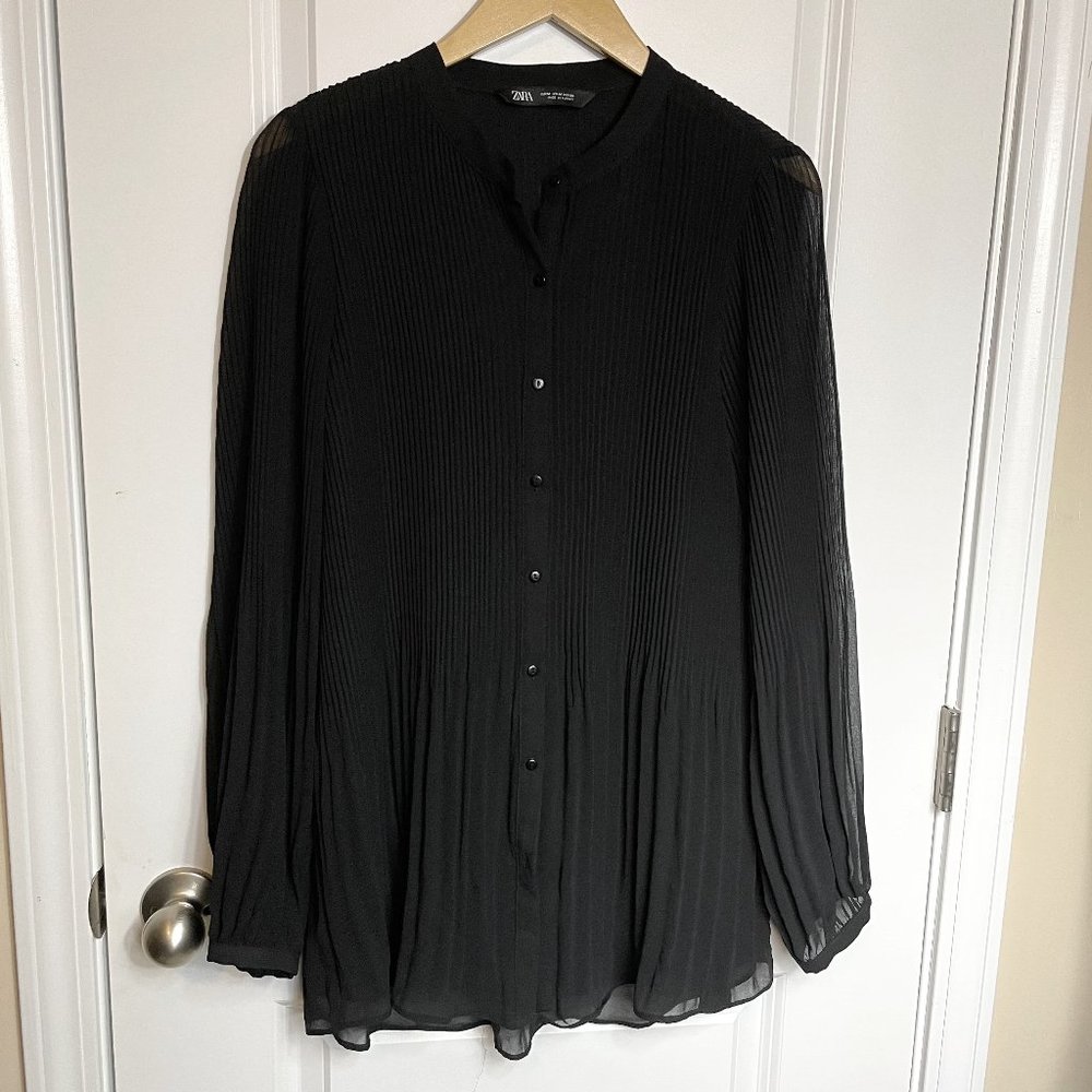 Zara Black Pleated Button-Up Blouse Top